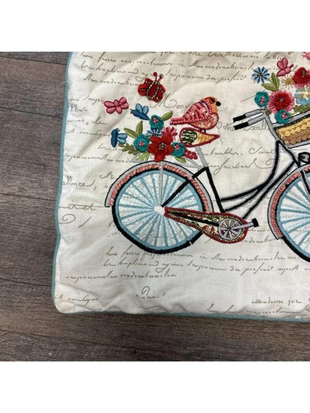 Vtg Y2k Pier 1 Bicycle Embroidered Beaded Floral Square Throw Pillow Zipper